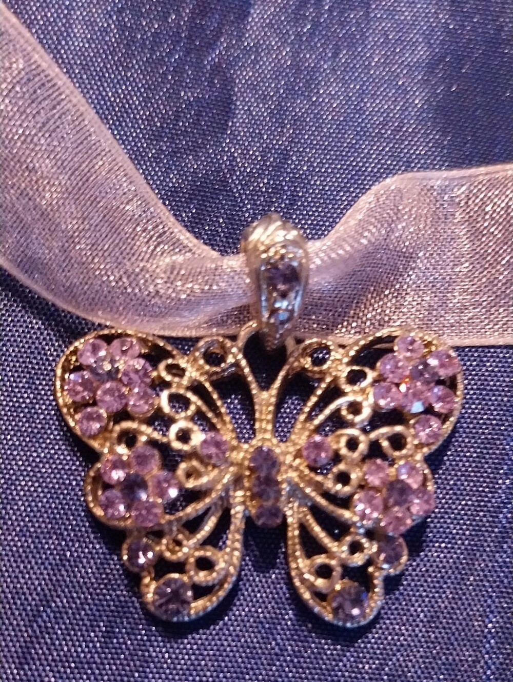 Sheer Ribbon Necklace with Purple Crystal Butterfly Pendant